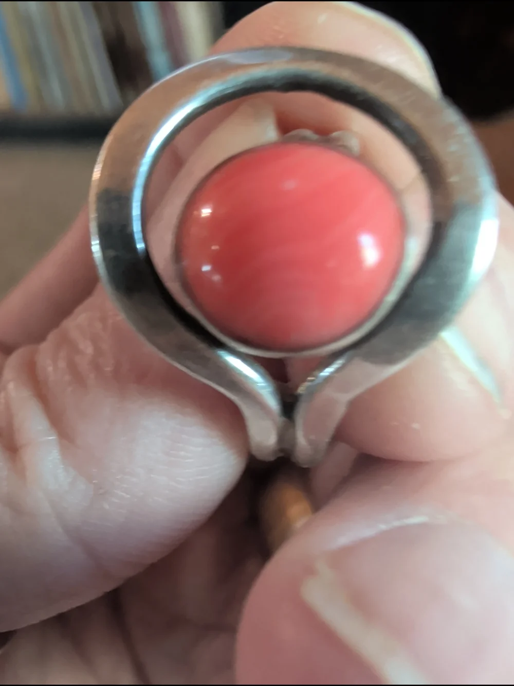 Coral Cabochon Sterling Ring. Semi Adjustable Size 5.75-6.75